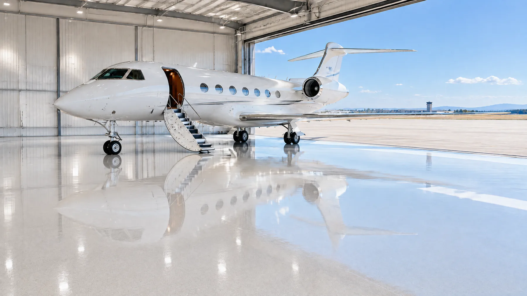 White polyaspartic floor in a sunny private-airport hangar with a white private jet